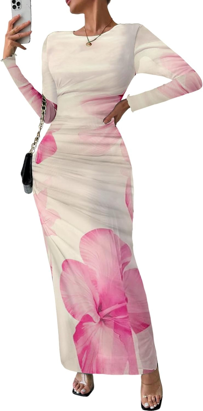 Women Long Sleeve Maxi Dress Bodycon Ruched Formal Slim Fit Tie Dye Dress Formal Mesh Dress