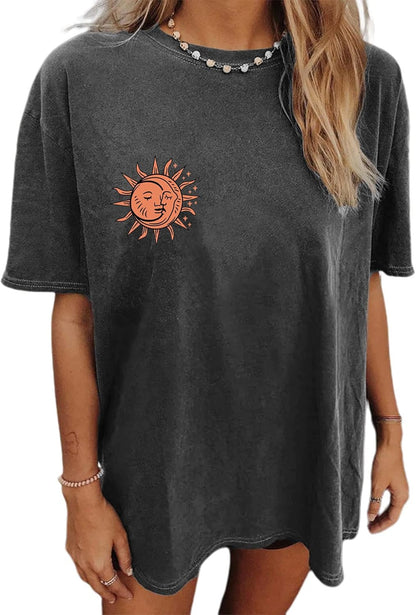 Women'S Casual Oversized T Shirt Short Sleeve Graphic Tee Letter Sun Moon Shirts
