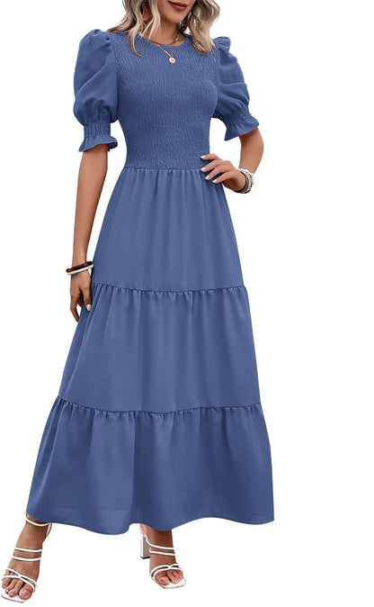 Women Casual Summer Dresses 2026 Spring Crew Neck Ruffle Short Sleeve Smocked Floral Boho Flowy Maxi Dress Clothes