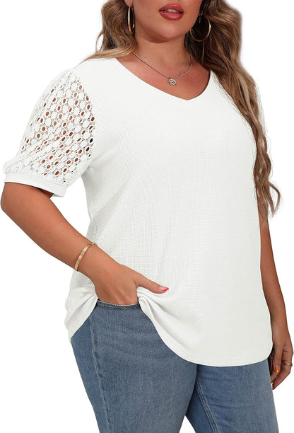 plus Size Tops for Women Summer Blouse Waffle Knit Short Lace Sleeve Shirts