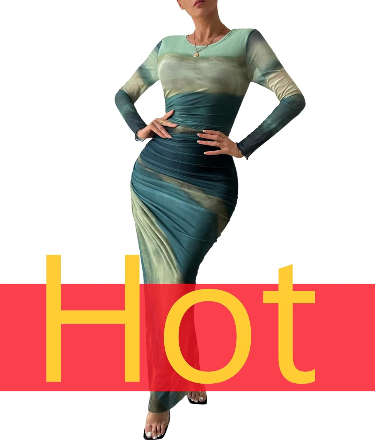 Women Long Sleeve Maxi Dress Bodycon Ruched Formal Slim Fit Tie Dye Dress Formal Mesh Dress