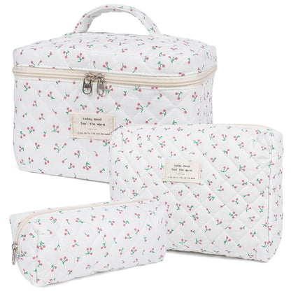 Makeup Bag,Quilted Cosmetic Bag,Large Floral Make up Bag for Women,Cotton Makeup Bag Set,Flower Travel Toiletry Bag