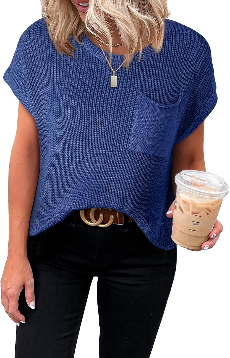 Women'S Casual Short Sleeve Loose Tunic Tops Lightweight Knit Spring Pullover Sweater Blouses