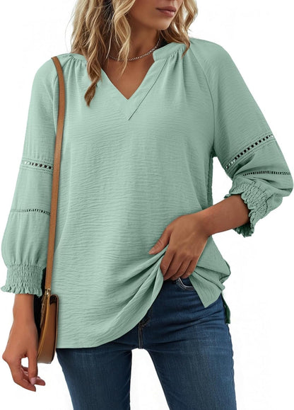 Womens 3/4 Sleeve Tops Pleated Business Casual Outifits V Neck Blouses Office Loose Shirts