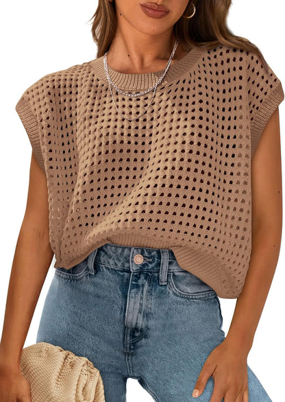 Womens Spring Tops 2026 Summer Shirts Crochet Cap Sleeve Sweater Pullover Cute Beach Vacation Clothes