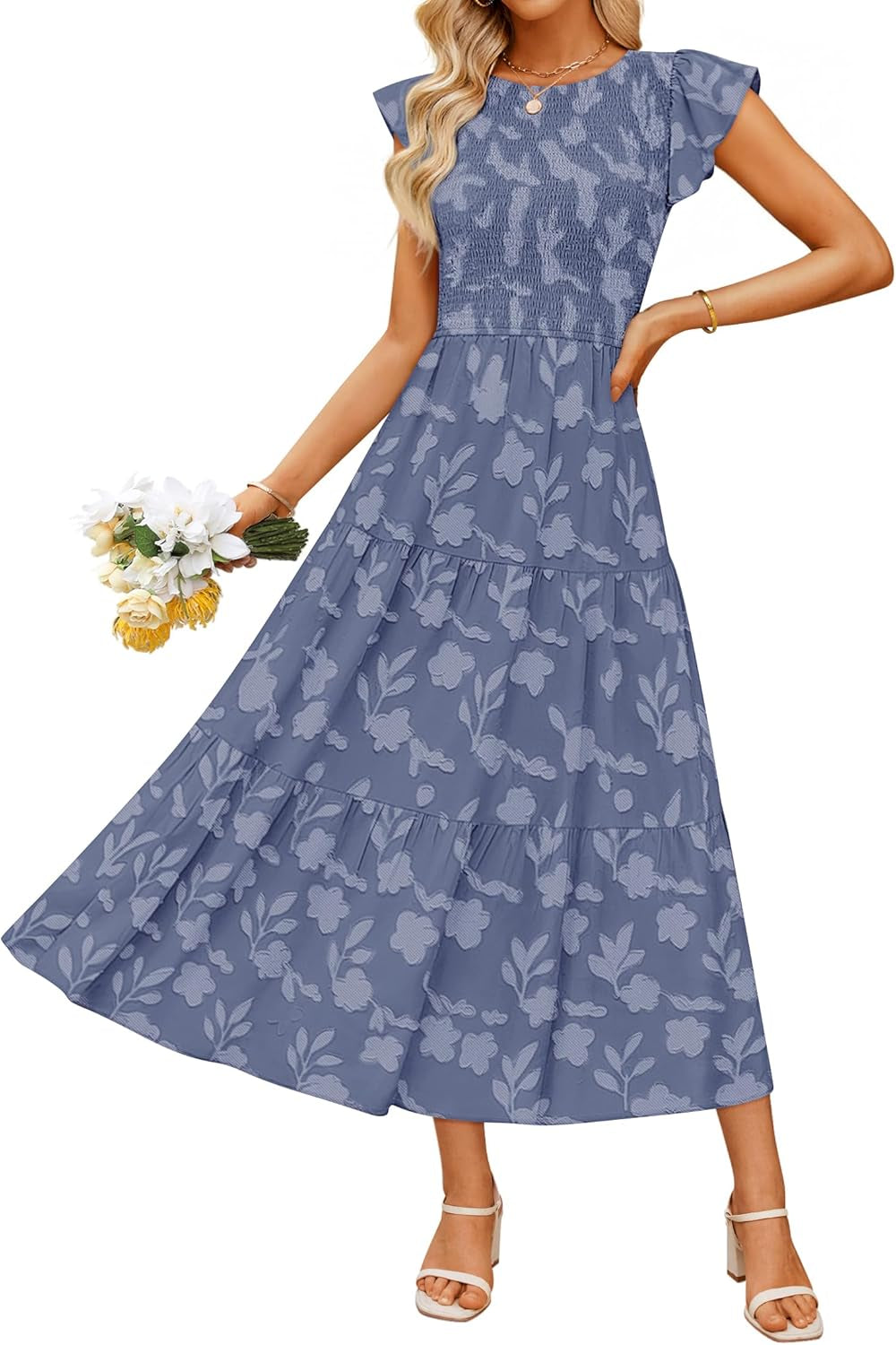 Women'S Summer Boho Floral Midi Dress 2026 Casual Flutter Short Sleeve Crewneck Smocked Flowy Beach Long Dresses