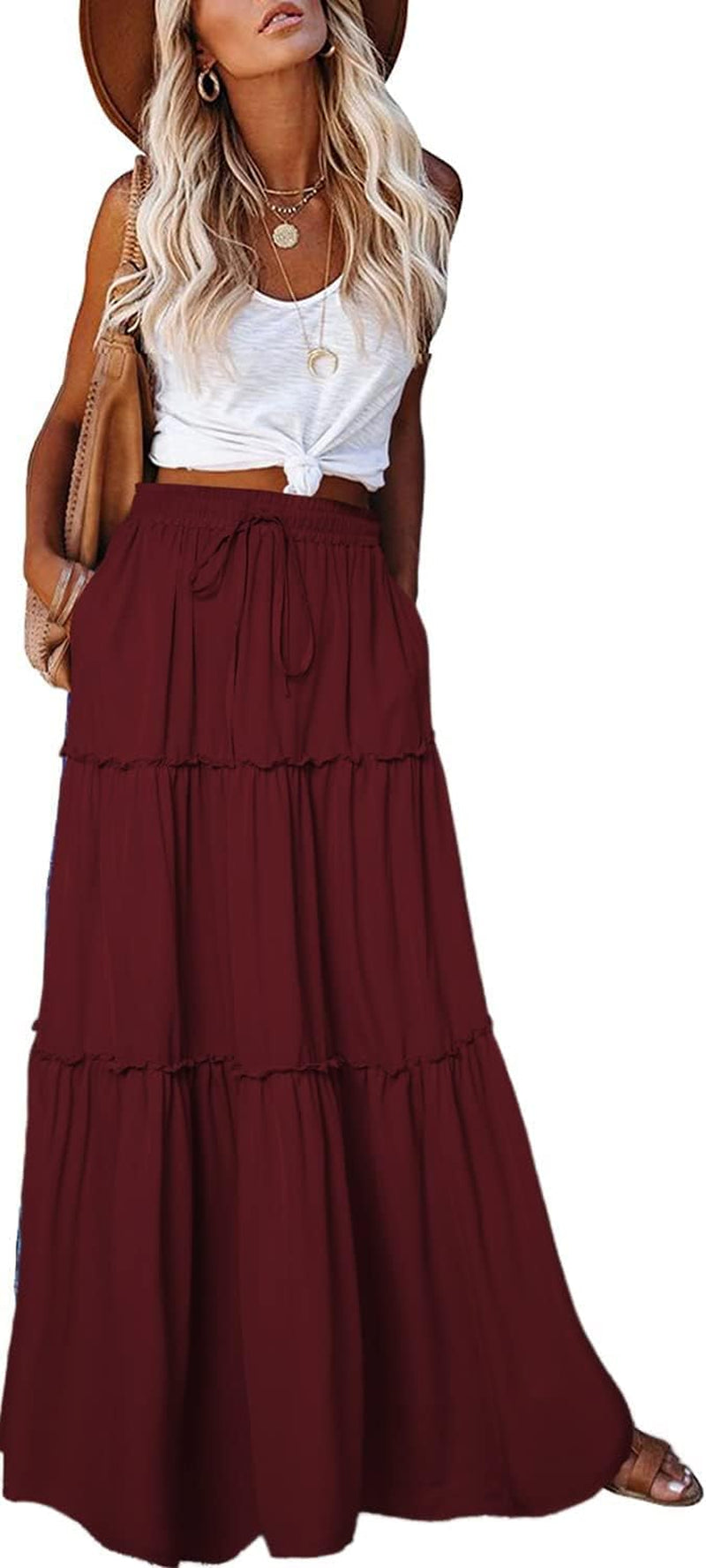 Womens Boho Maxi Skirt 2026 Summer Cruise Casual High Waist Tie Flowy Long Skirt with Pockets for Beach Vacation