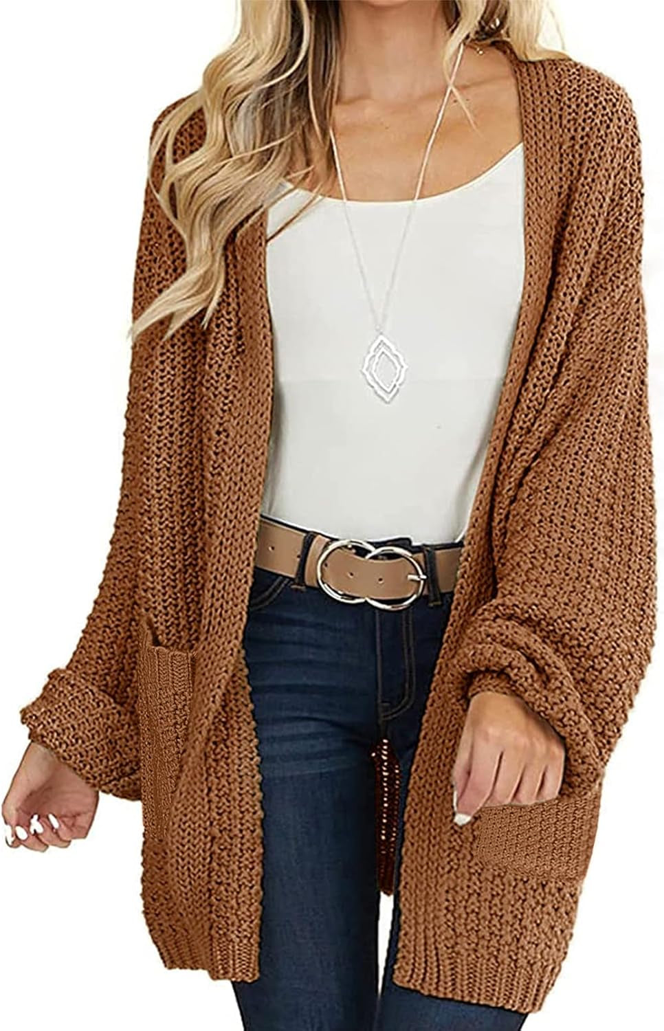 Women'S 2025 Fall Open Front Chunky Knit Sweater Oversized Lantern Sleeve Cardigan Outwear