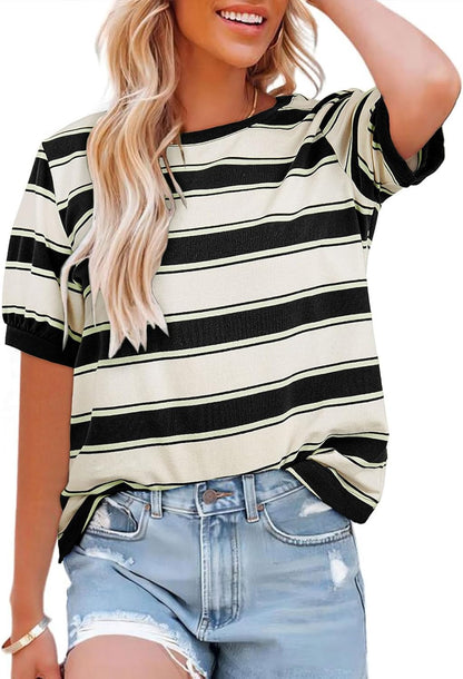 Womens Summer Tops 2025 Striped Color Block Short Sleeve T-Shirts Crewneck Casual Loose Basic Tee Blouses
