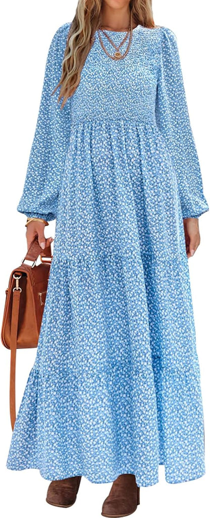 Women'S Spring Dresses 2026 Long Sleeve Flowy Casual Floral Maxi Dress Crew Neck Smocked Tiered Long Dress