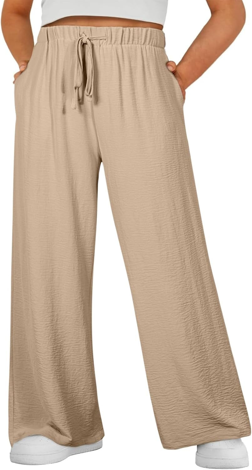 Womens plus Size Pants Summer Elastic High Waist Drawstring Casual Loose Wide Leg Trousers Pants with Pockets(1X-5X)