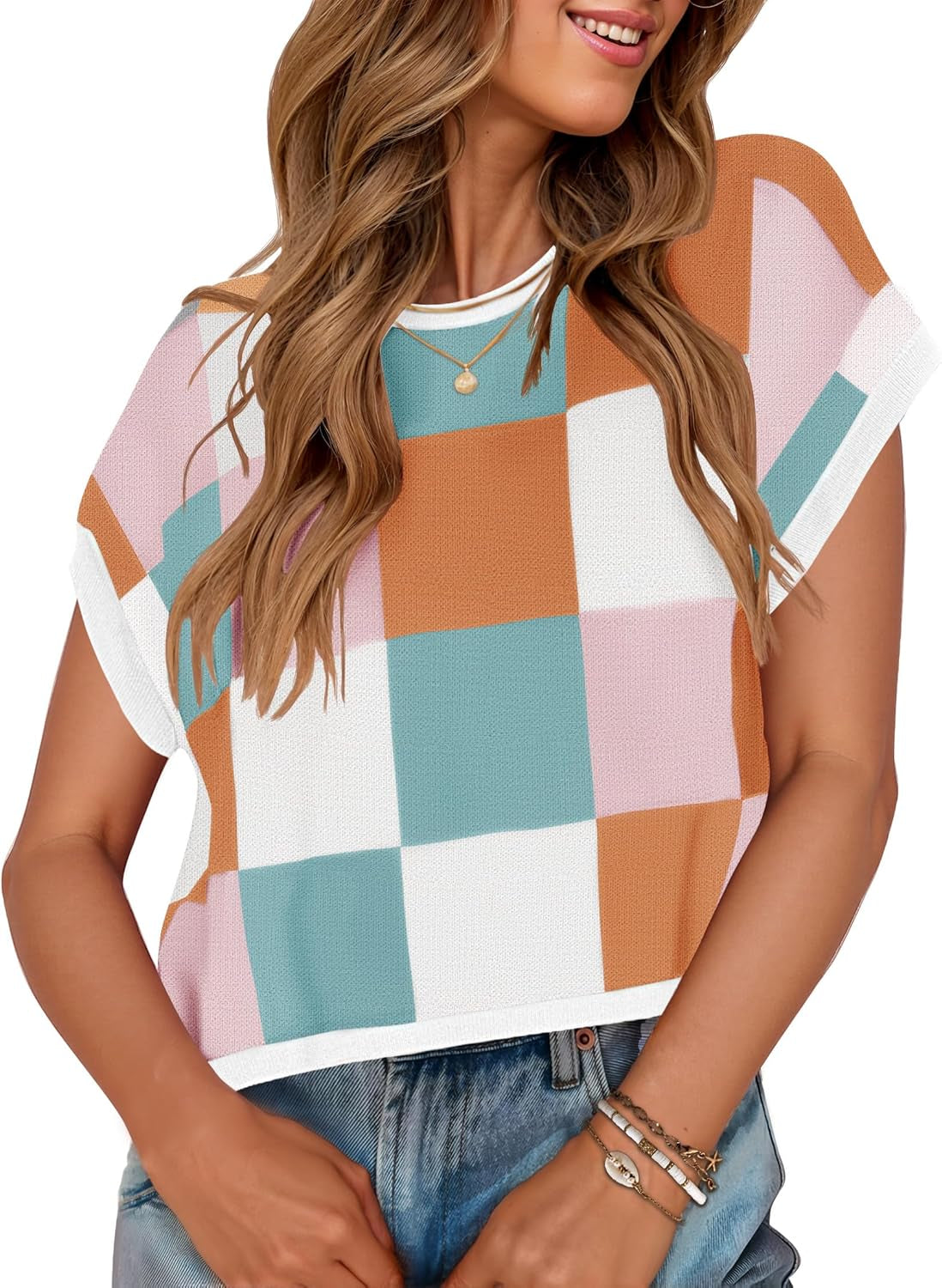 Womens Floral Sweater Vest Summer Short Sleeve Crew Neck Cute Loose Knit Tops 2026 Trendy Clothes Outfits