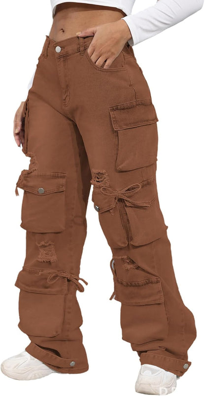 Women'S High Waist Baggy Jeans Flap Pocket Cargo Pants Loose Denim Pants Streetwear