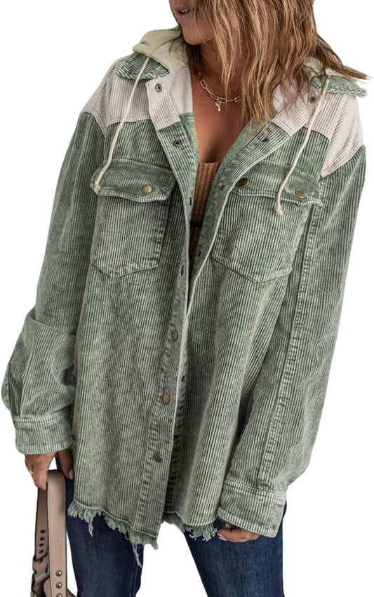 Womens 2025 Fall Corduroy Shacket Jacket Long Sleeve Button down Color Block Hooded Coat with Pockets
