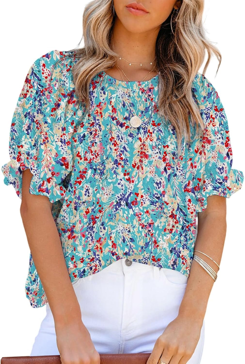 Floral Print Blouses for Women Crewneck Smocked Puff Sleeve Shirts Casual Babydoll Tops