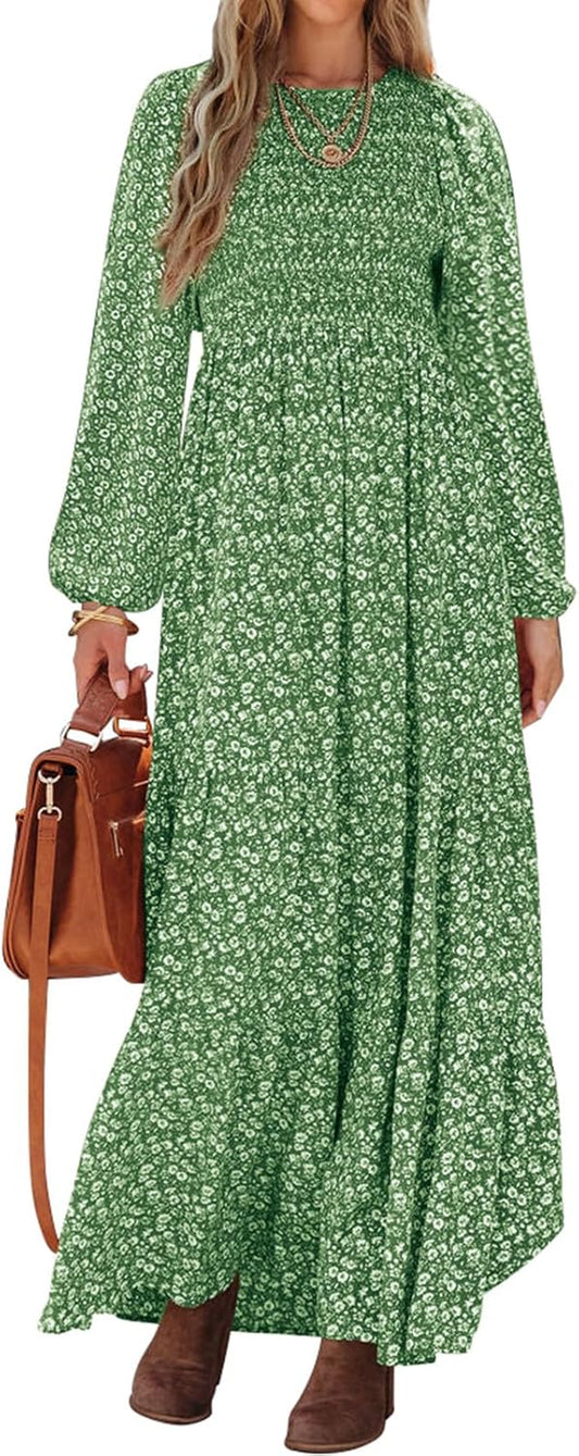 Women'S Spring Dresses 2026 Long Sleeve Flowy Casual Floral Maxi Dress Crew Neck Smocked Tiered Long Dress