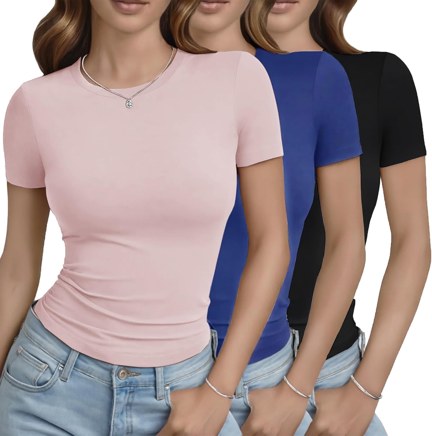 3 Pack Basic Tees for Women - Crew Neck Slim Fit Tight T Shirts Cute Y2K Trendy Crop Tops Clothes for Casual Summer