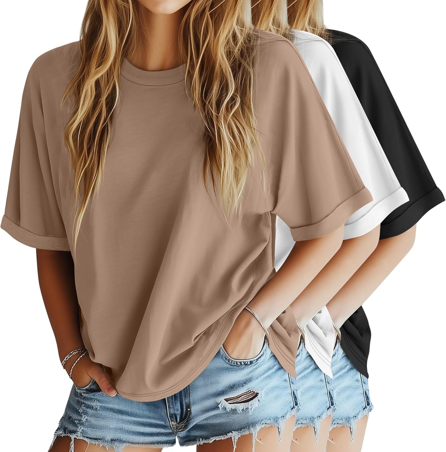3 Pack Women'S Oversized T-Shirt Half Sleeve Summer Tees Casual Loose Fit Crew Neck Basic Tops