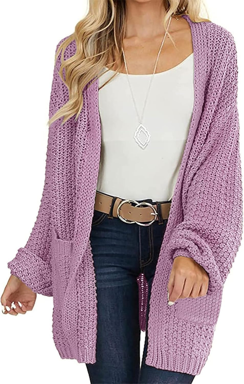 Women'S 2025 Fall Open Front Chunky Knit Sweater Oversized Lantern Sleeve Cardigan Outwear