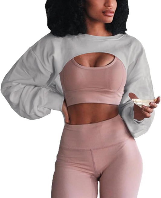 Women'S Crewneck Long Sleeve Crop Tops Workout Gym Casual Cut-Out Loose Cropped Sweatshirts