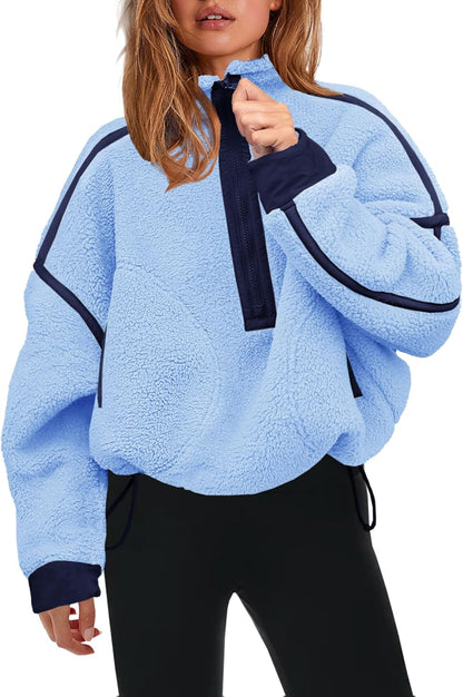 Womens Half Zip Sherpa Fleece Pullover Soft Oversized Sweatshirt with Pockets Warm Fuzzy Sweater