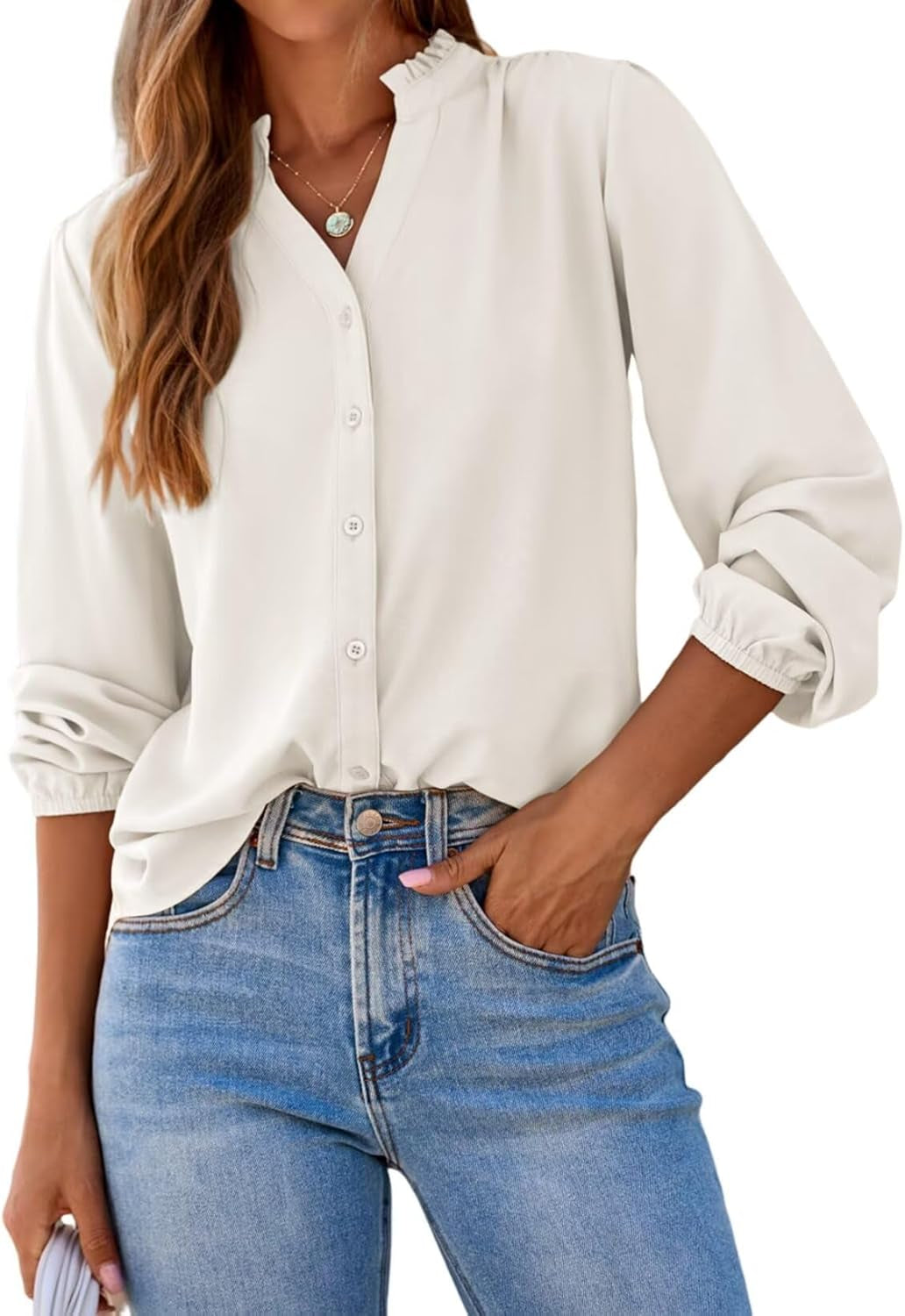 Womens Tops Blouses for Women Dressy Casual Button down Shirts V Neck Long Sleeve Shirts Business Work Blouses