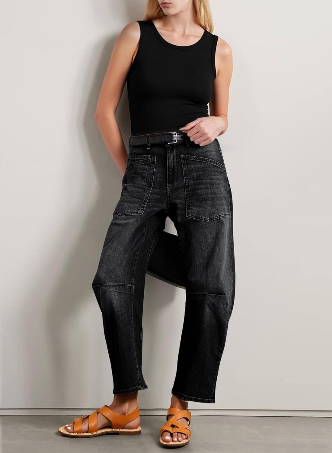 Womens Baggy Barrel Jeans High Waisted Wide Leg Boyfriend Denim Ankle Pants