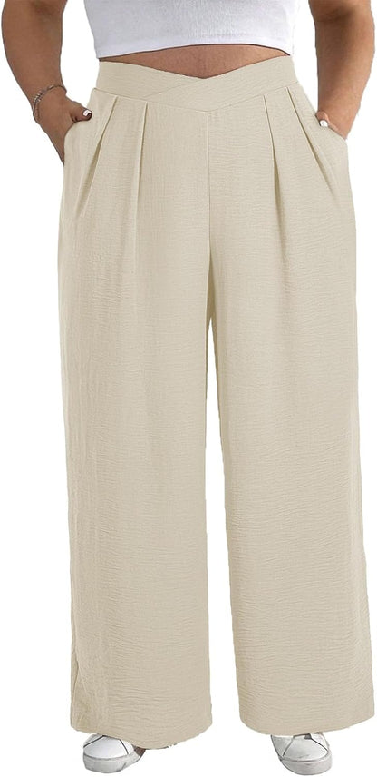 Womens plus Size Wide Leg Pants Crossover Waist Pleated Front Casual Work Pants Lounge Trouser with Pockets(1X-5X)