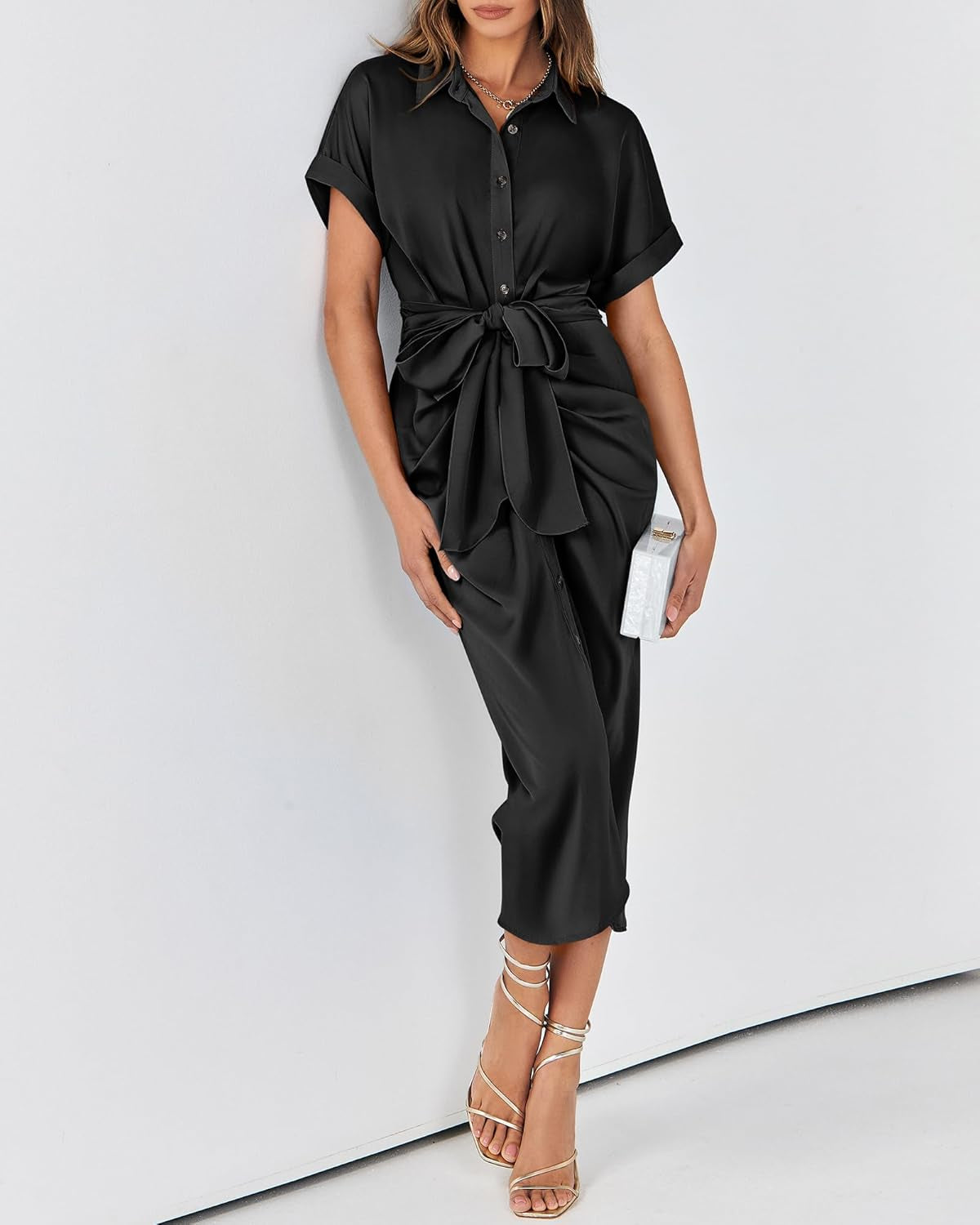 Shirt Dresses for Women Button down Short Sleeve Satin Ruched Maxi Spring Dress 2026 Cocktail Party Wedding Guest