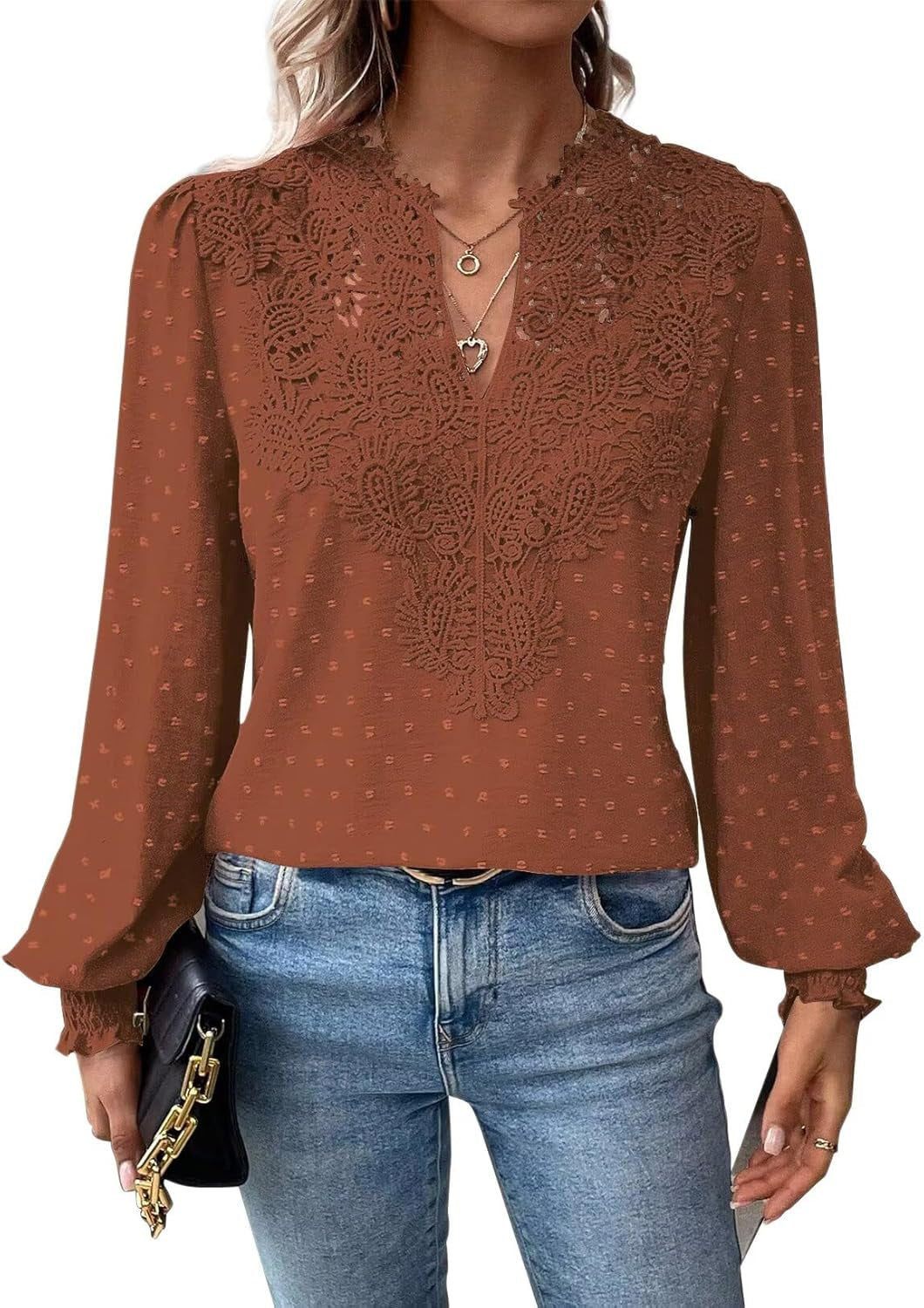 Womens Tops Swiss Dot Boho Long Sleeve Shirts V Neck Casual Chiffon Blouses Flowy Lace Hem Cute Clothing Trendy 2025