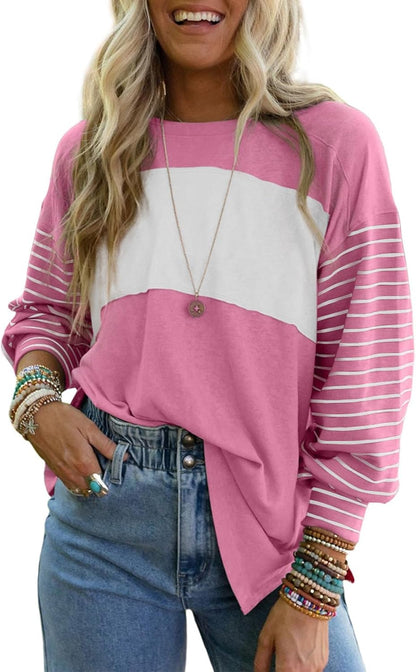 Long Sleeve Tops Oversized 2025 Trendy round Crew Neck Casual Color Block Womens Shirts Blouses