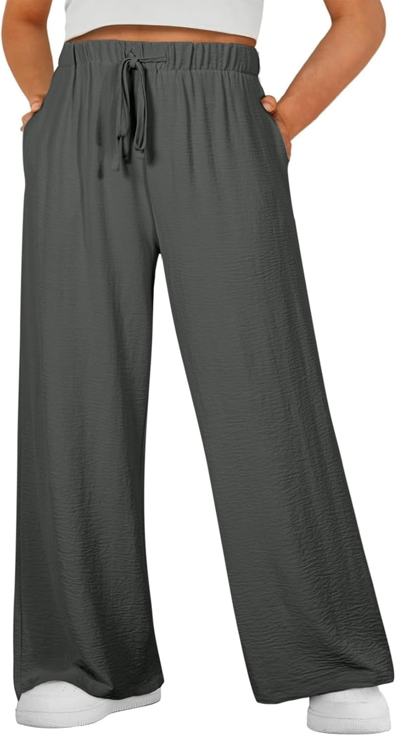 Womens plus Size Pants Summer Elastic High Waist Drawstring Casual Loose Wide Leg Trousers Pants with Pockets(1X-5X)