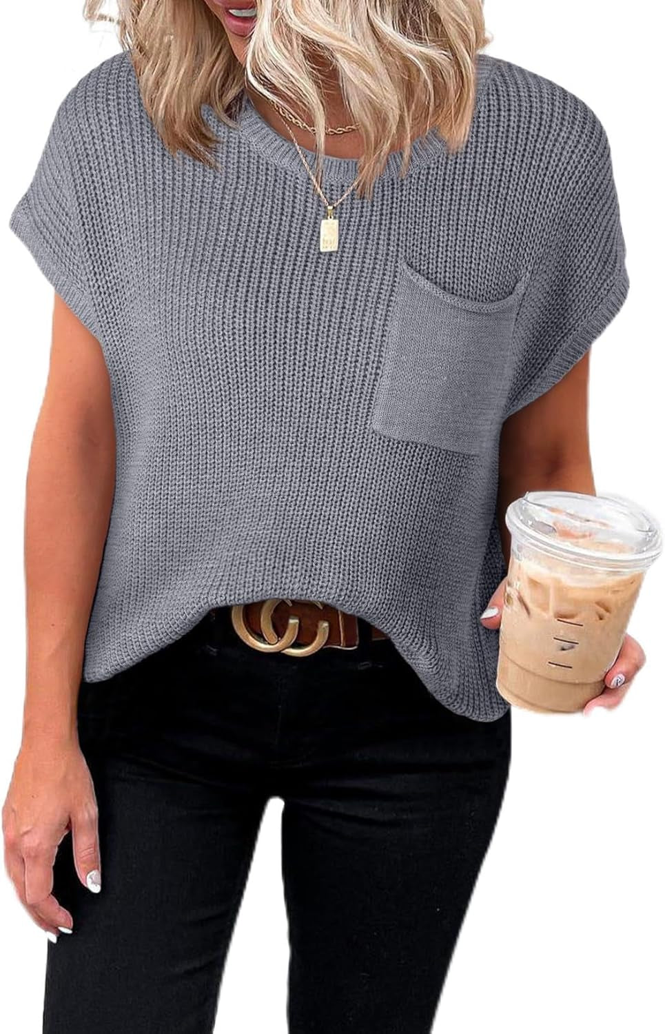 Women'S Casual Short Sleeve Loose Tunic Tops Lightweight Knit Spring Pullover Sweater Blouses