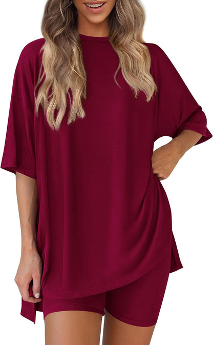 Women 2 Piece Lounge Set 2026 Summer Casual Oversized Shirts Biker Shorts Matching Airport Travel Outfit Clothes