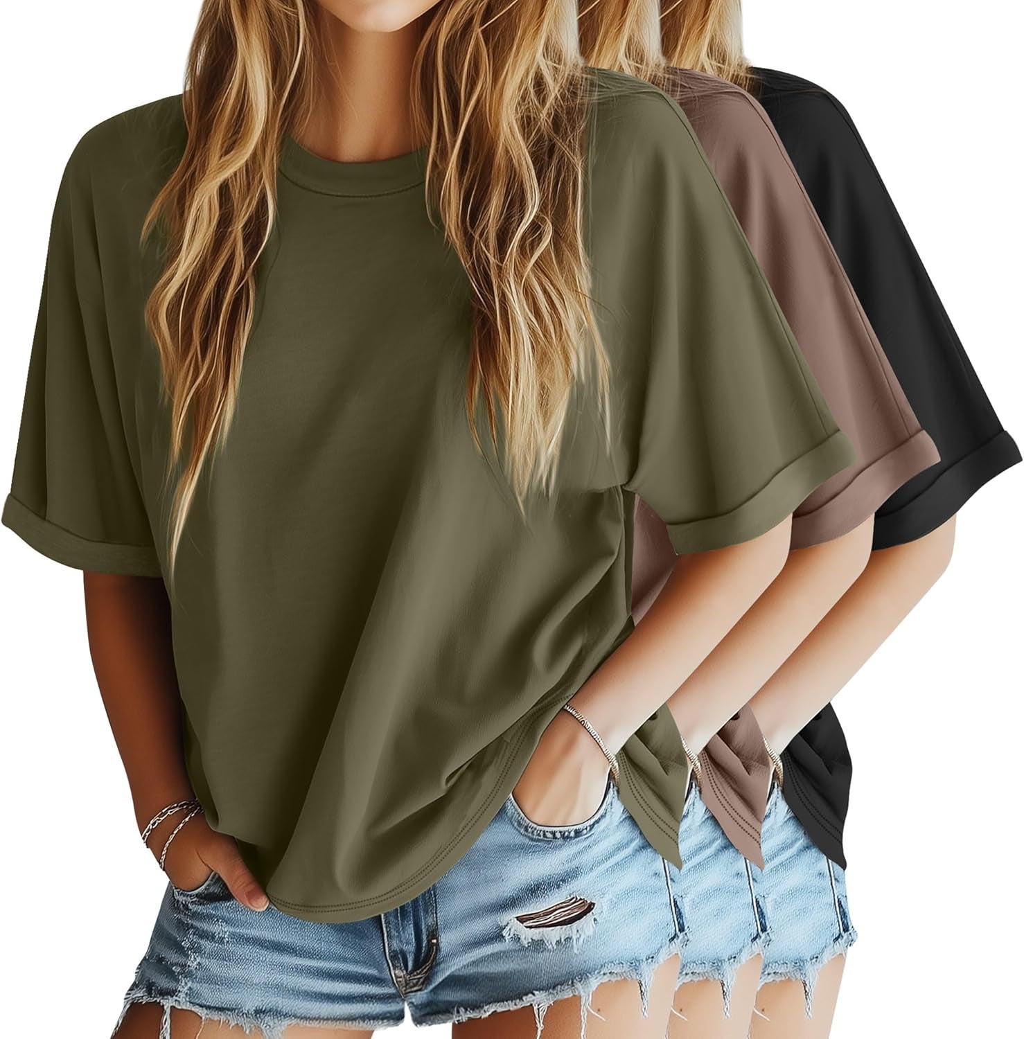 3 Pack Women'S Oversized T-Shirt Half Sleeve Summer Tees Casual Loose Fit Crew Neck Basic Tops
