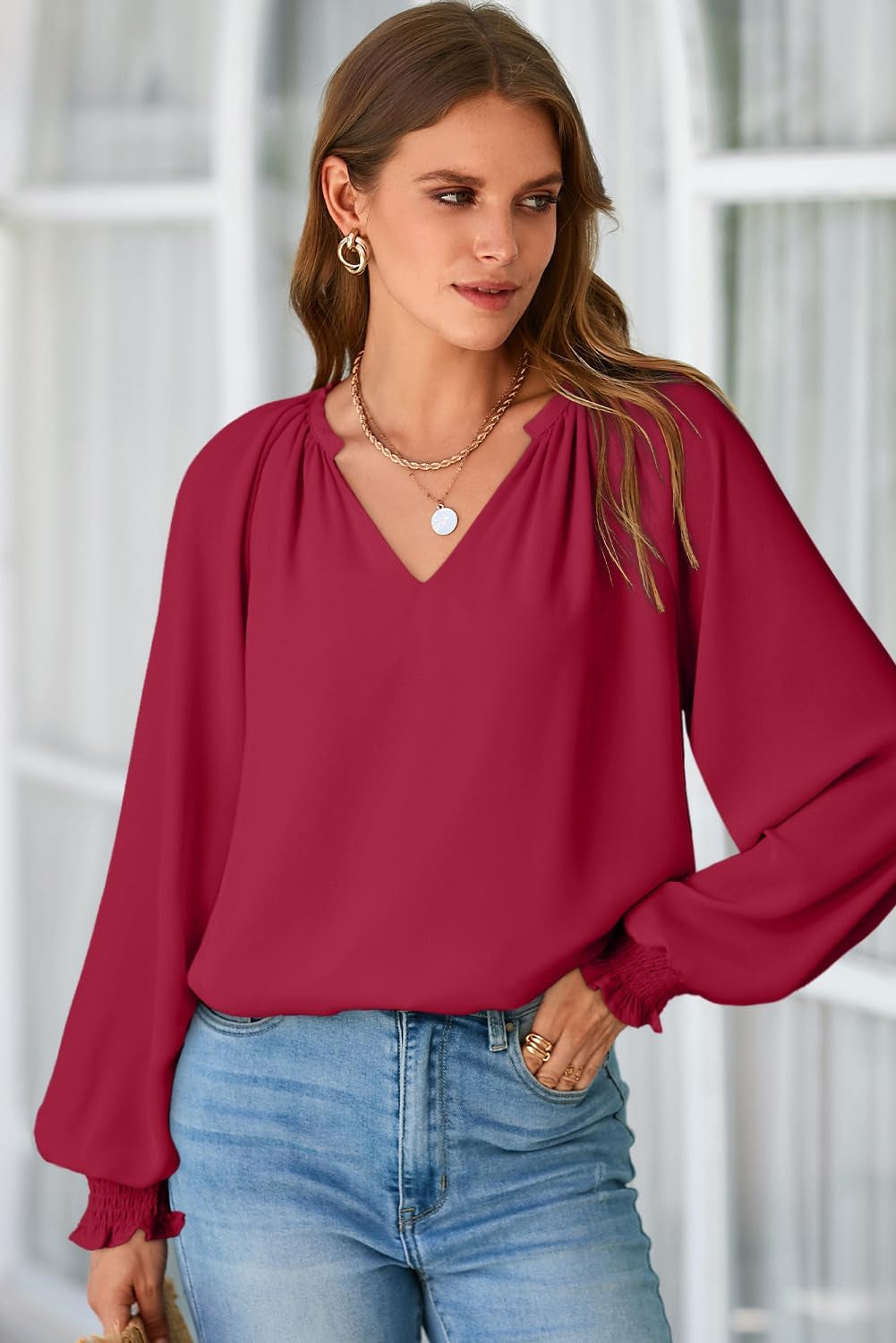 Womens Blouses Dressy Casual Flowy Boho Tops V Neck Long Sleeve Shirts
