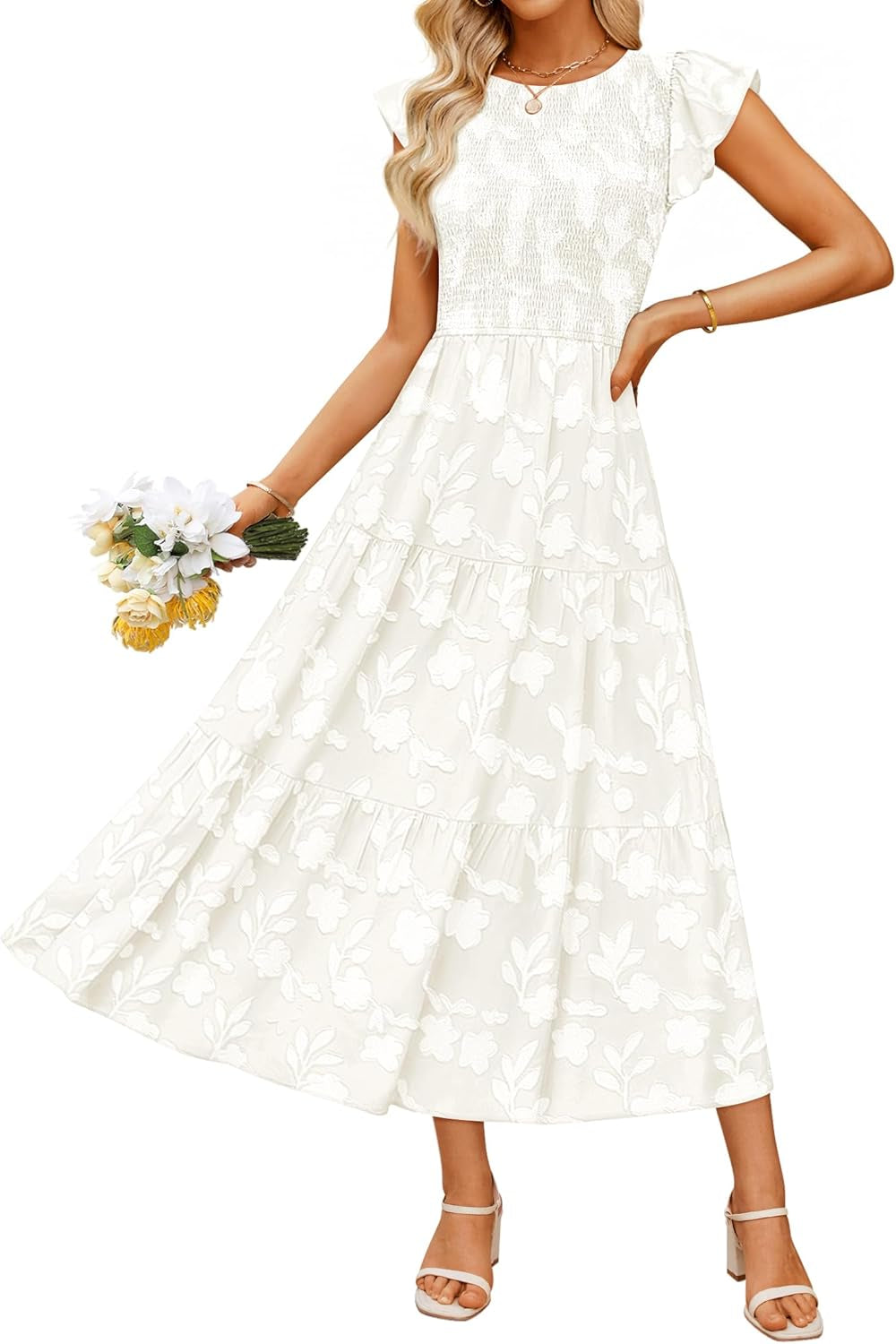 Women'S Summer Boho Floral Midi Dress 2026 Casual Flutter Short Sleeve Crewneck Smocked Flowy Beach Long Dresses