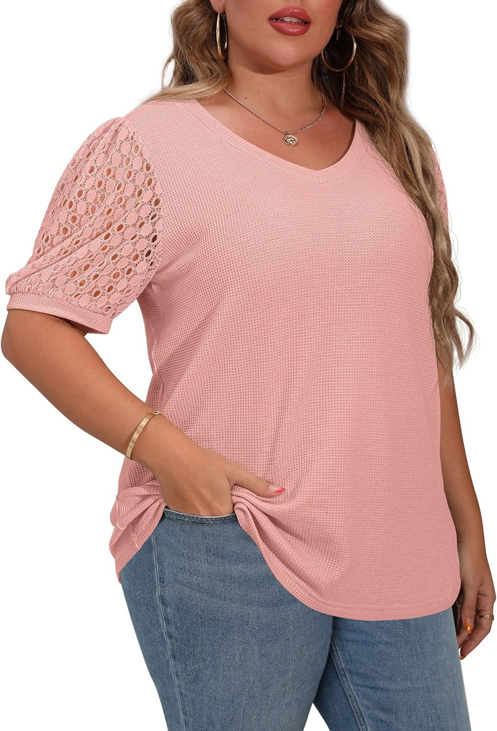 plus Size Tops for Women Summer Blouse Waffle Knit Short Lace Sleeve Shirts
