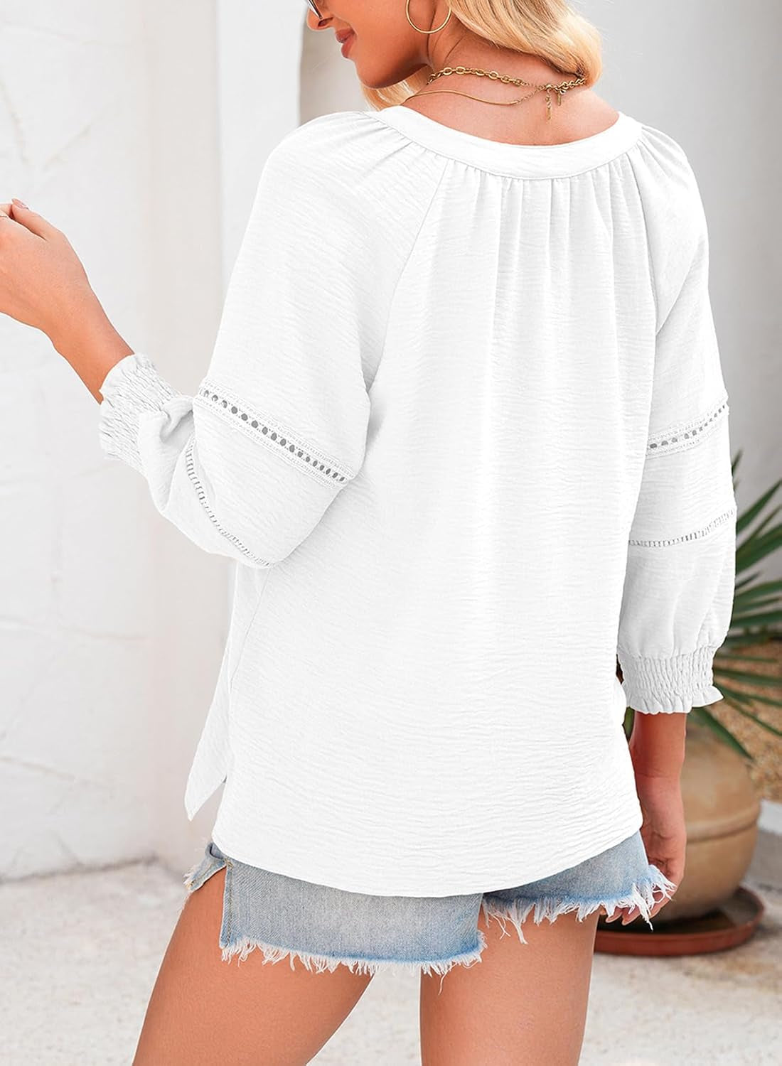 Womens 3/4 Sleeve Tops Pleated Business Casual Outifits V Neck Blouses Office Loose Shirts