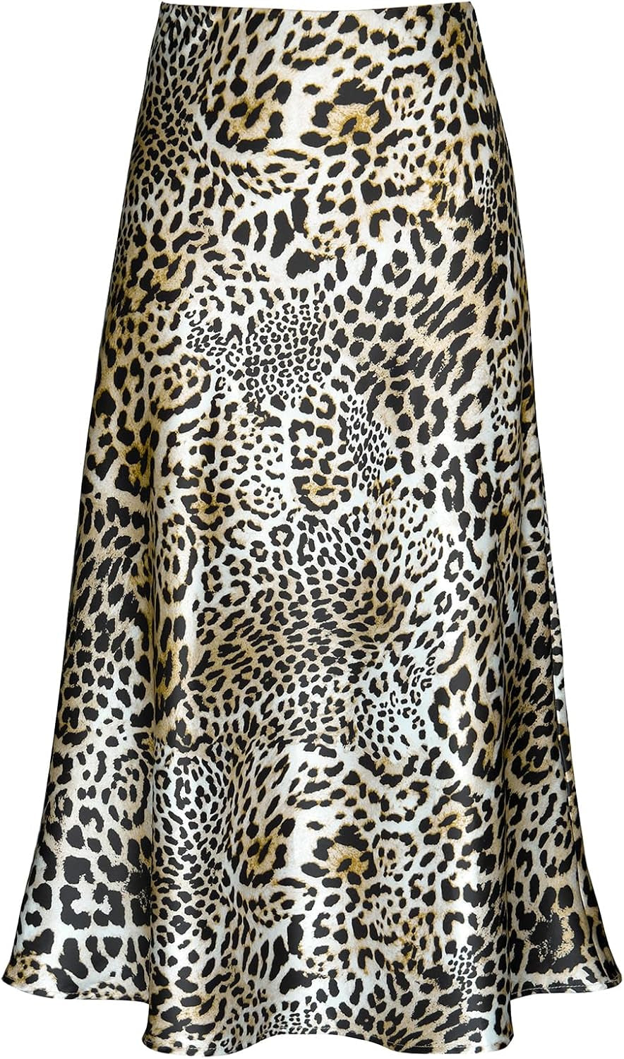 Women'S Satin High Waist Hidden Elasticized Waistband Flared Casual a Line Midi Skirt