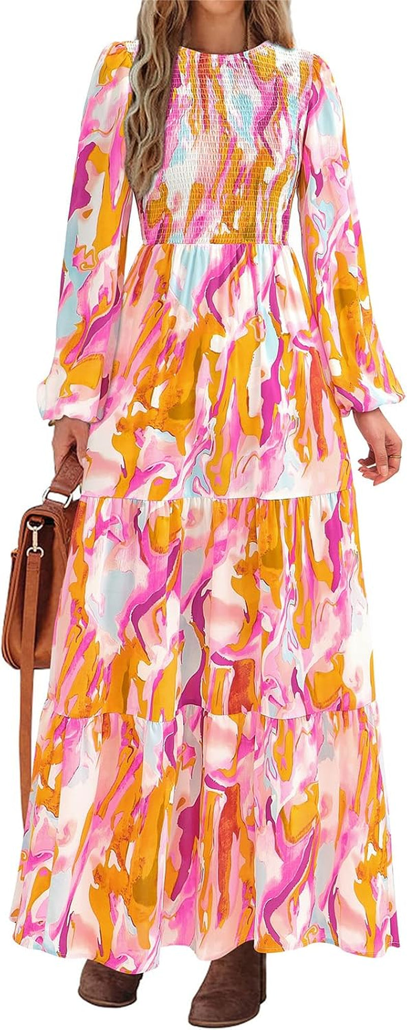 Women'S Spring Dresses 2026 Long Sleeve Flowy Casual Floral Maxi Dress Crew Neck Smocked Tiered Long Dress