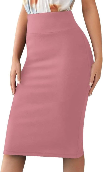 Women’S Basic Stretch Pencil Skirt- Regular & plus Size- below Knee Office Midi Bodycon Nylon Skirt Made in USA