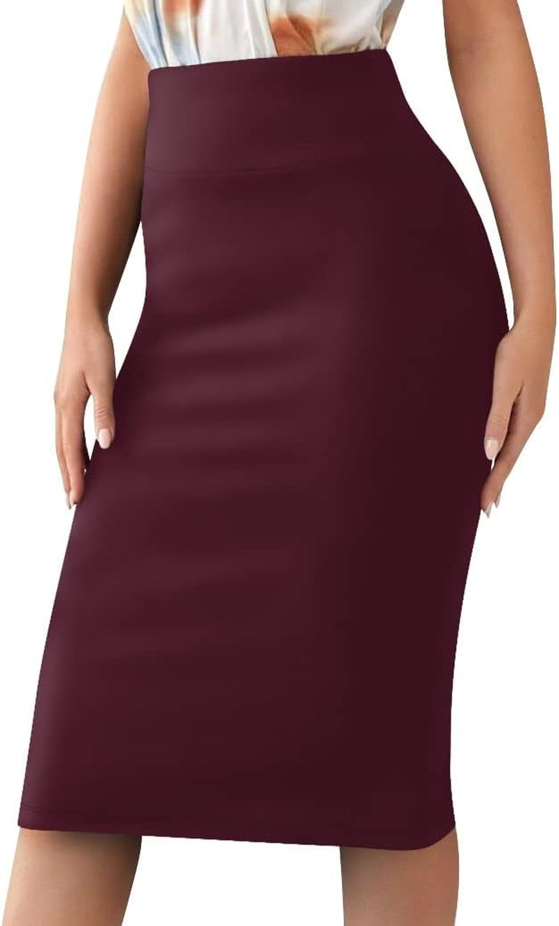 Women’S Basic Stretch Pencil Skirt- Regular & plus Size- below Knee Office Midi Bodycon Nylon Skirt Made in USA
