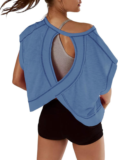 Women Short Sleeve Workout Shirts Open Back Tops Casual Yoga Y2K Athletic Gym Slouchy Crop Running Tees