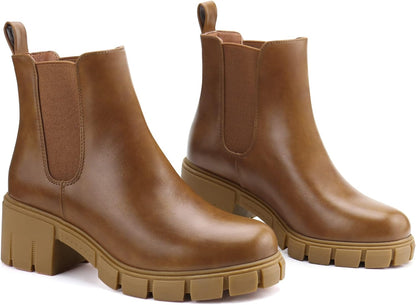 Women Platform Ankle Boots Elastic Chelsea Boots Mid Heel Slip on Booties