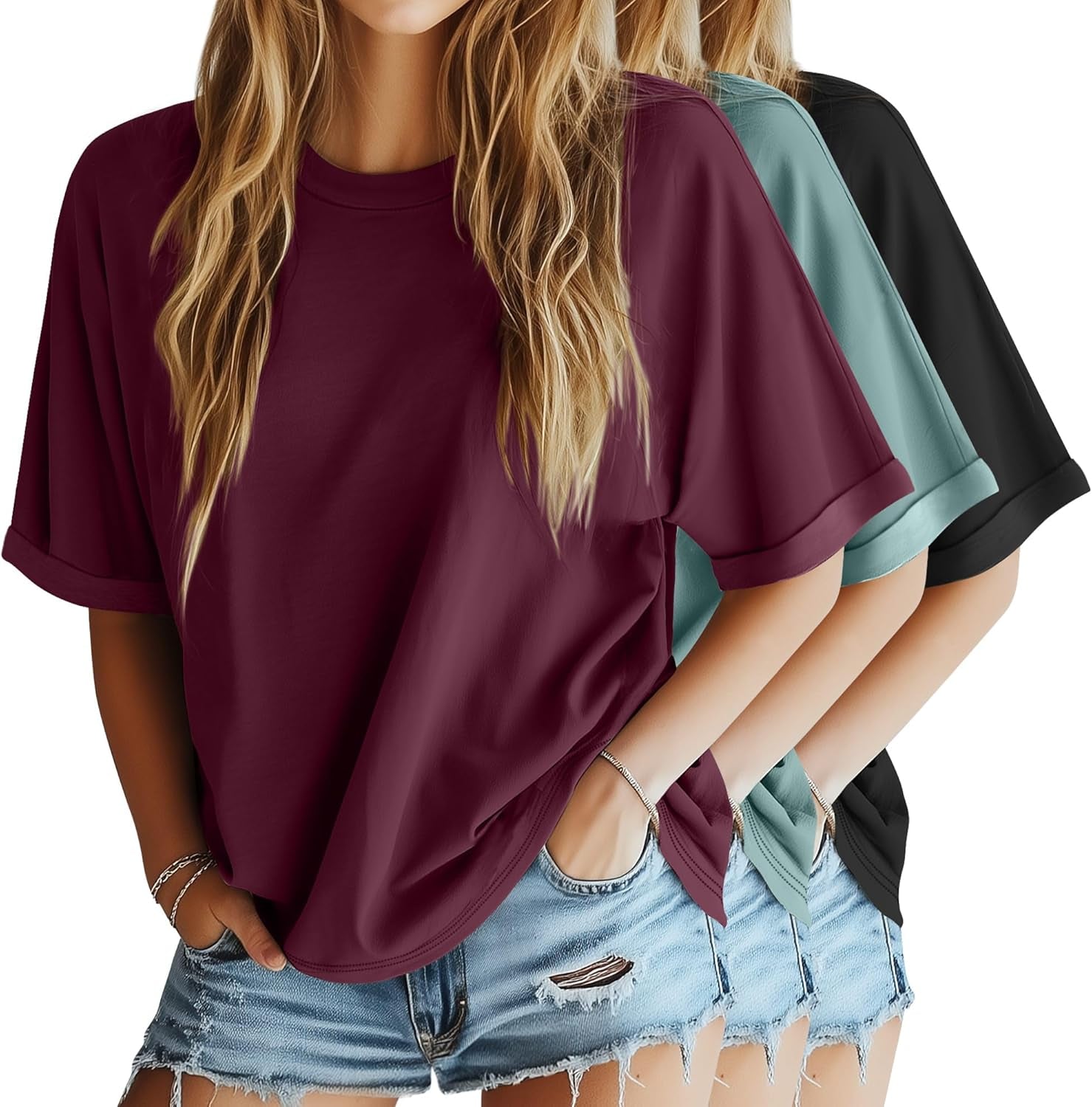3 Pack Women'S Oversized T-Shirt Half Sleeve Summer Tees Casual Loose Fit Crew Neck Basic Tops
