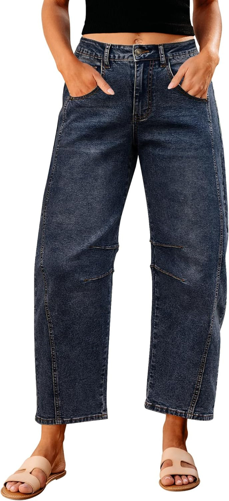 Barrel Jeans for Women Trendy High Waisted Wide Leg Baggy Cropped Relax Fit Stretch Denim Trouser Ankle Pants