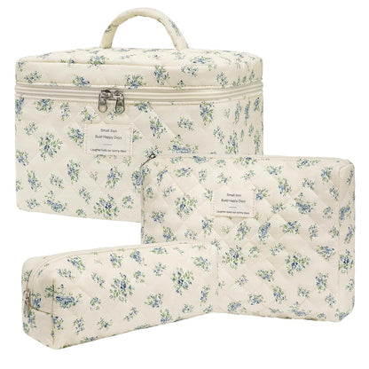 Makeup Bag,Quilted Cosmetic Bag,Large Floral Make up Bag for Women,Cotton Makeup Bag Set,Flower Travel Toiletry Bag
