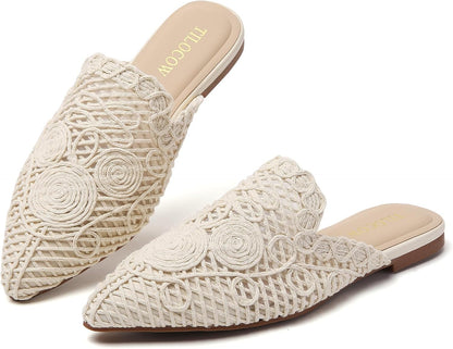 Mules for Woman Comfortable Pointed Toe Backless Loafers Flat Mule Business Casual Shoes Slides Slip On