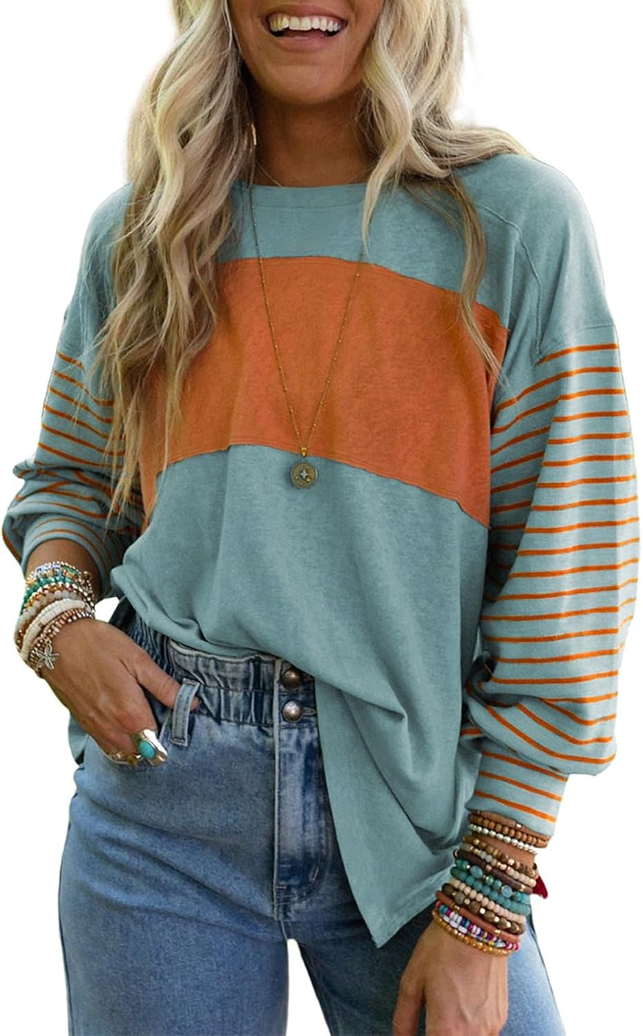 Long Sleeve Tops Oversized 2025 Trendy round Crew Neck Casual Color Block Womens Shirts Blouses